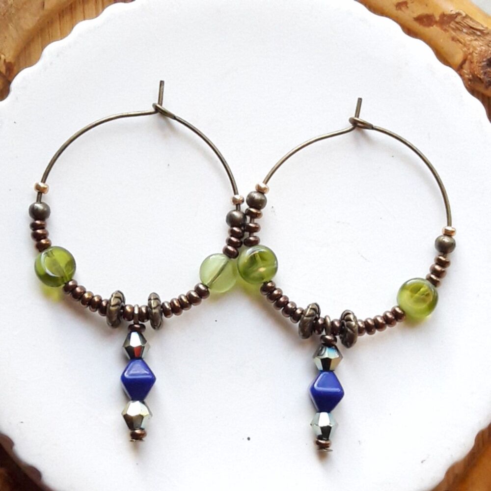 Enchanted Forest Blue Glass handmade Hoops earrings Green earrings Victori  495■